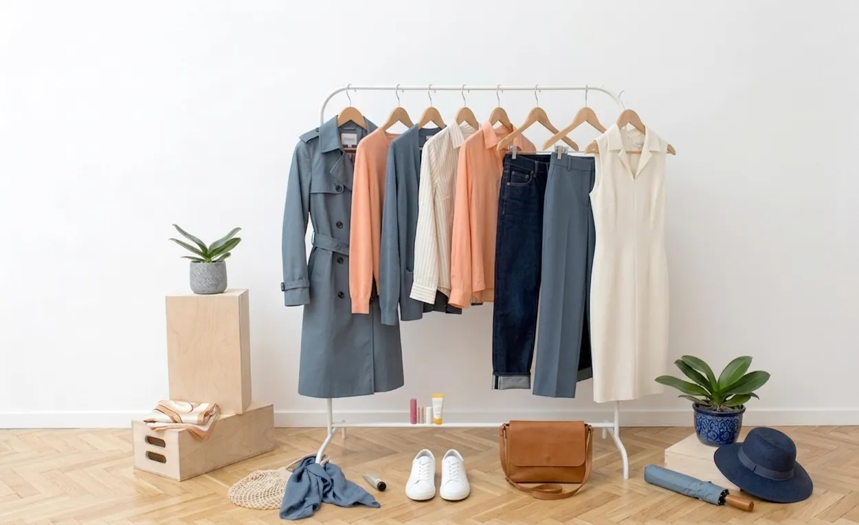 Amsterdam in April - Carry-on capsule wardrobe laid out for a cool spring city break