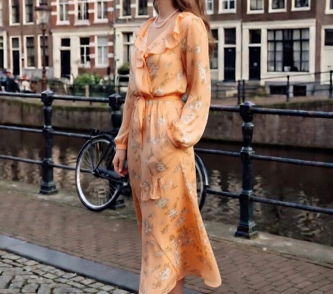 Soft apricot outfit contrasting against Amsterdam’s slate blue canals