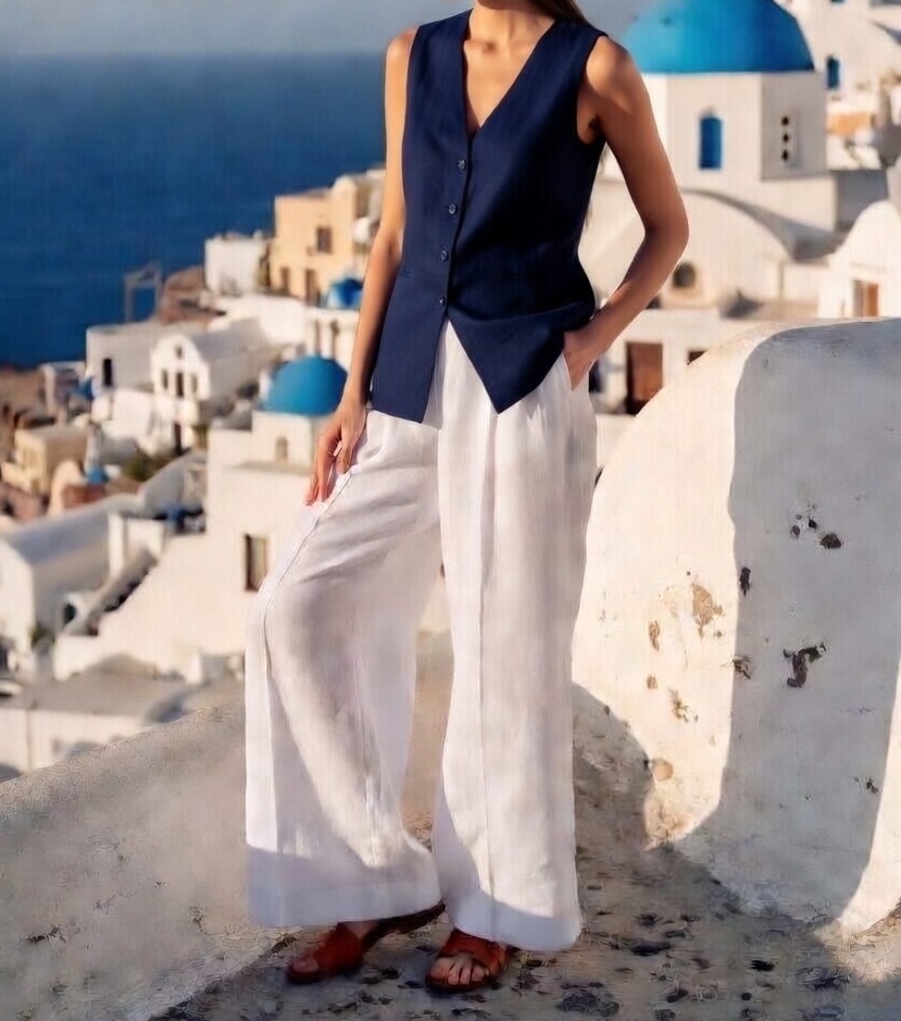 Person walking through whitewashed Santorini streets in navy tones