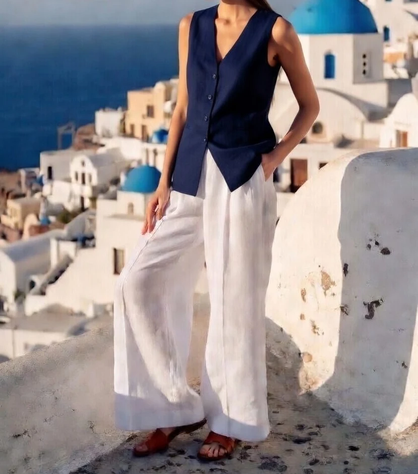 Santorini in May - Person walking through whitewashed Santorini streets in navy tones